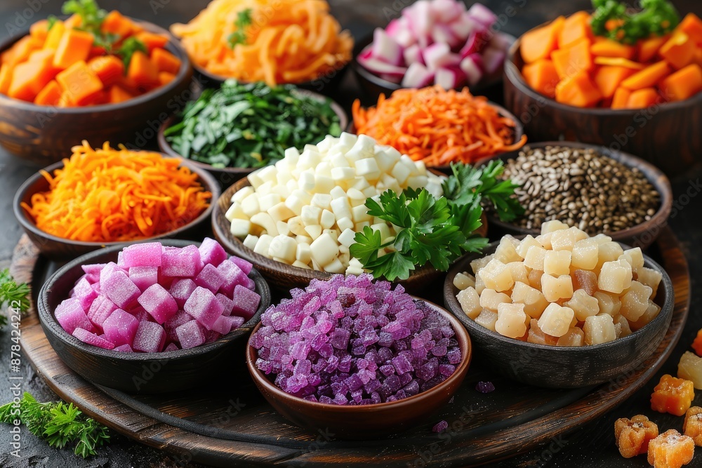 Vibrant and colorful variety of fresh vegetables and herbs in wooden bowls on a wooden table. Vibrant and colorful variety of fresh vegetables and herbs in wooden bowls on a wooden table.