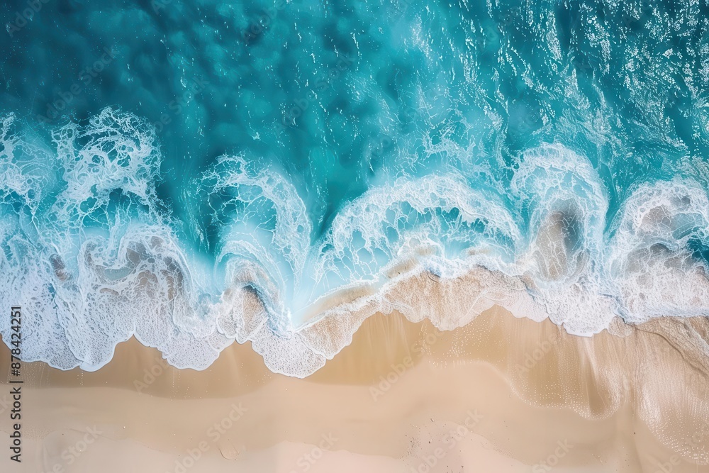 Naklejka premium serene ocean waves gently lapping on sandy beach aerial topdown view of idyllic summer vacation scenery