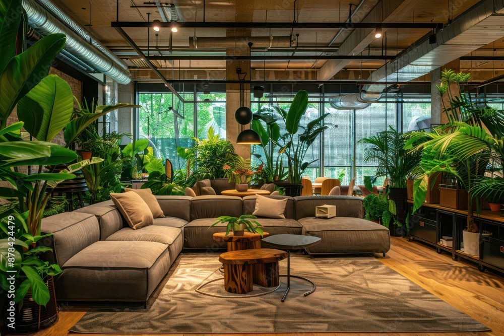 serene openplan office with natural elements featuring cozy lounge area with plush sofas abundant greenery and warm lighting serene openplan office with natural elements featuring cozy lounge area with plush sofas abundant greenery and warm lighting
