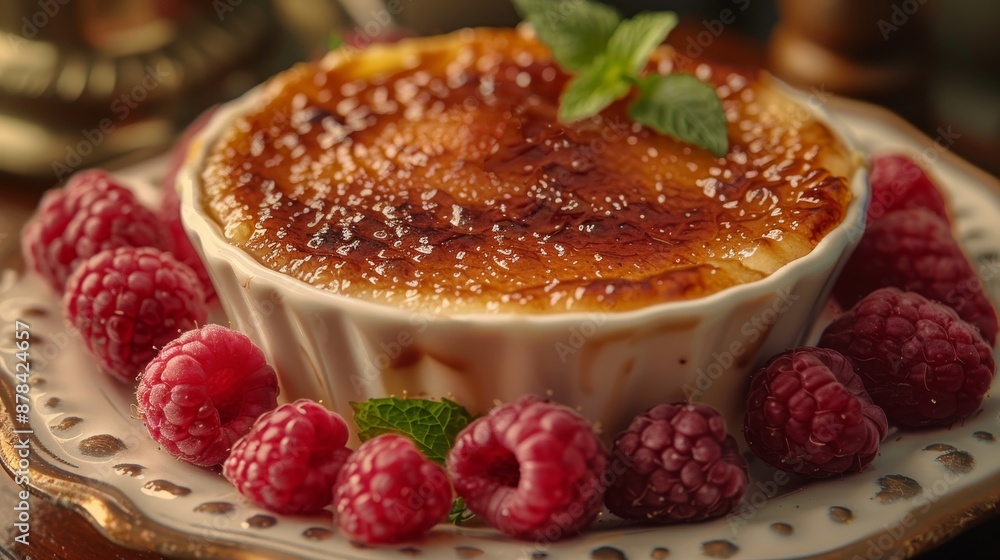 Delicious creme brulee with raspberries and mint on a white plate, caramelized and visually appealing, perfect for dessert lovers. High-end restaurant quality, showcasing homemade pastry skills Delicious creme brulee with raspberries and mint on a white plate, caramelized and visually appealing, perfect for dessert lovers. High-end restaurant quality, showcasing homemade pastry skills