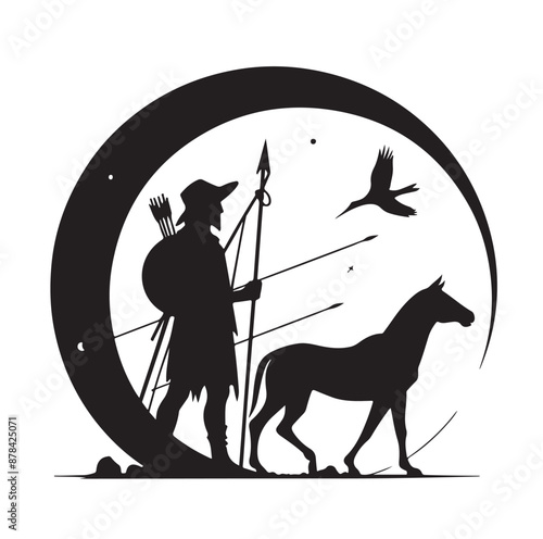 Silhouette of an ancient cavalry soldier aiming with archery weapon
