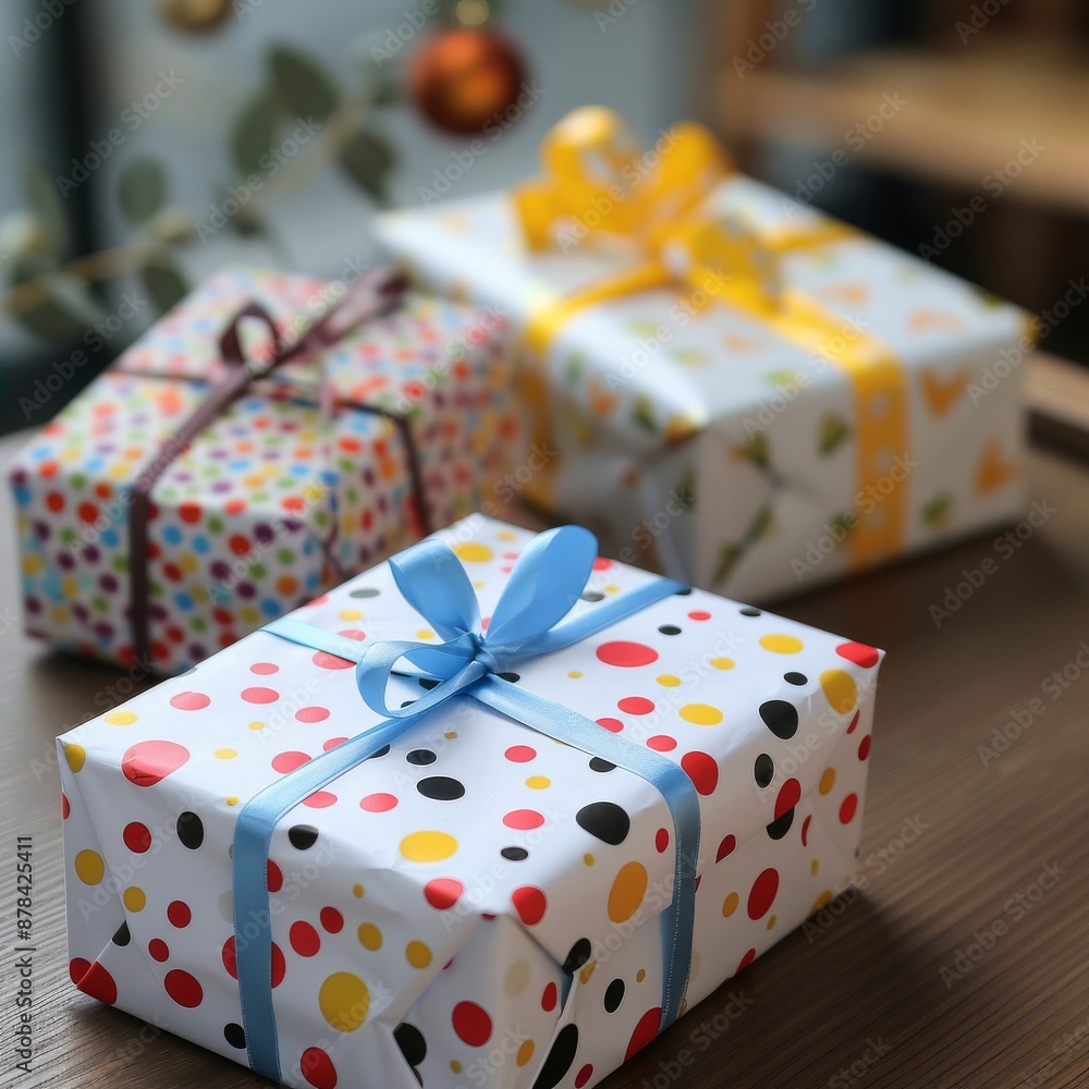 Three brightly wrapped gifts with colorful patterned paper and ribbons. Three brightly wrapped gifts with colorful patterned paper and ribbons.