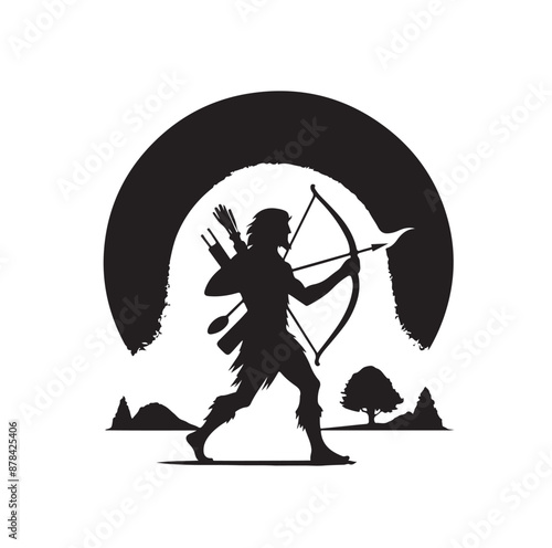 Silhouette of an ancient cavalry soldier aiming with archery weapon