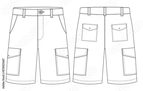 Mens three quarter shorts short pants  front and back view flat sketch vector template illustration 