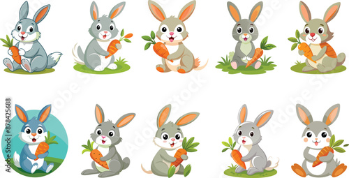 A rabbit with a carrot, Sets of rabbits, Rabbits and carrots.