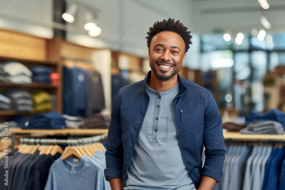 Portrait of a cheerful afro-american man in his 40s wearing a zip-up fleece hoodie over sophisticated corporate office background Portrait of a cheerful afro-american man in his 40s wearing a zip-up fleece hoodie over sophisticated corporate office background