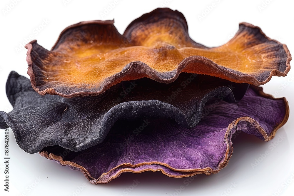 Colorful dried sweet potato slices with unique patterns and vibrant hues. Colorful dried sweet potato slices with unique patterns and vibrant hues.