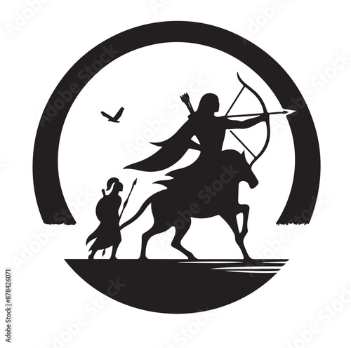 Silhouette of an ancient cavalry soldier aiming with archery weapon