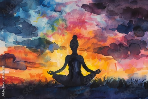 serene sunset yoga silhouette of woman in meditative pose against colorful sky watercolor painting © Bijac