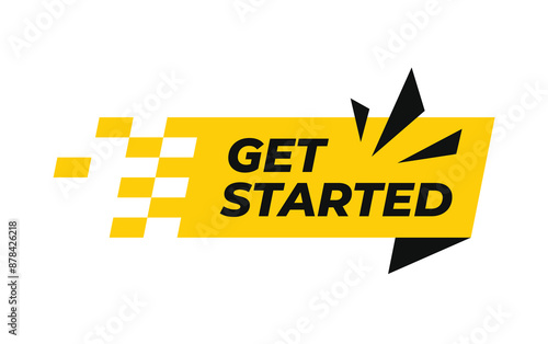 Get started text with abstract ribbon element. Speech Bubble with line hand pressing start button. Vector isolated on white background