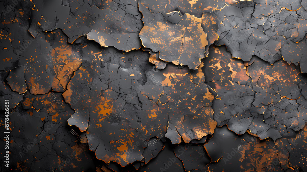 Close-up of rusted and peeling metal surface texture with contrasting black and orange hues