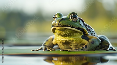 Close-up of a frog resting on a lily pad with a blurred natural background, capturing the serene beauty of wildlife in nature.