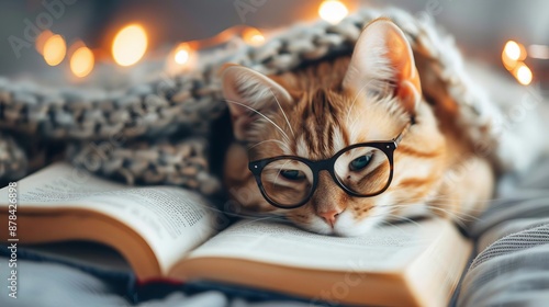 Cute ginger cat wearing glasses and reading a book under warm lights. photo