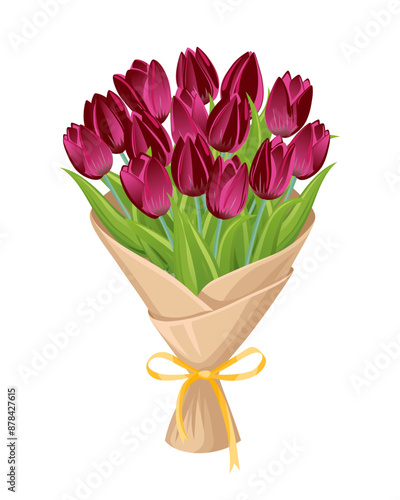 A bouquet of burgundy tulips in a paper wrapper with a ribbon. A charming gift with flowers for Valentine's Day, Mother's Day, or to show appreciation. Design element for greeting card, invitation.