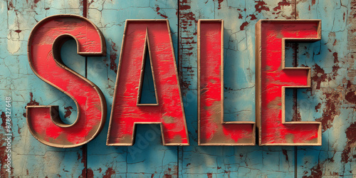 Advertising banner, 3D illustration of red text "sale" on a light blue background with a scratched wall.