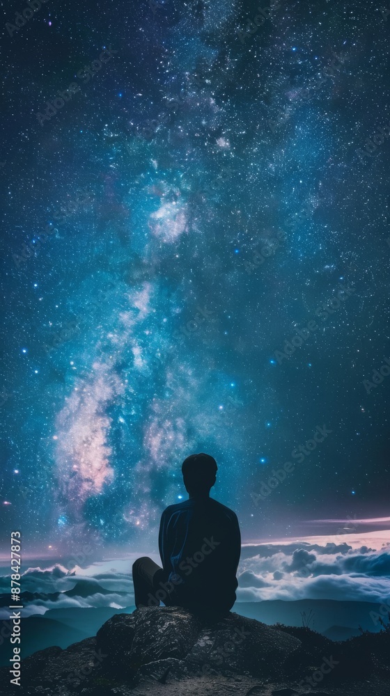 Man is admiring the night sky filled with stars above the clouds. He is enjoying the moment and contemplating the universe Man is admiring the night sky filled with stars above the clouds. He is enjoying the moment and contemplating the universe