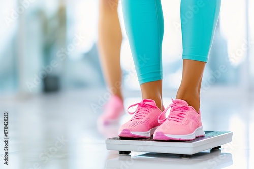 Fitness Enthusiast in Vibrant Sportswear Stepping on Scale