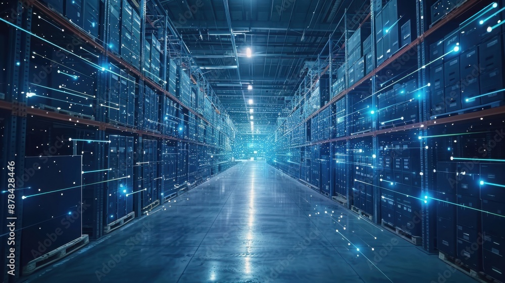 A warehouse with a blue light shining on it A warehouse with a blue light shining on it