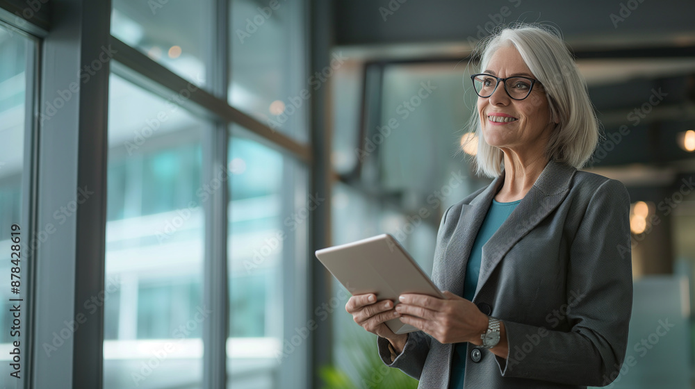 Smiling woman in business attire using tablet computer in office Smiling woman in business attire using tablet computer in office