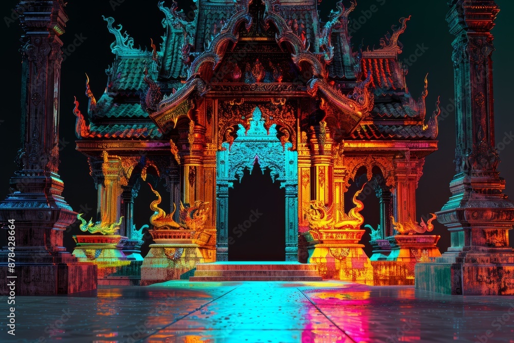 Obraz premium a colorful carved wooden buddhist art and architecture design in the black light and neon light art winning award on black background