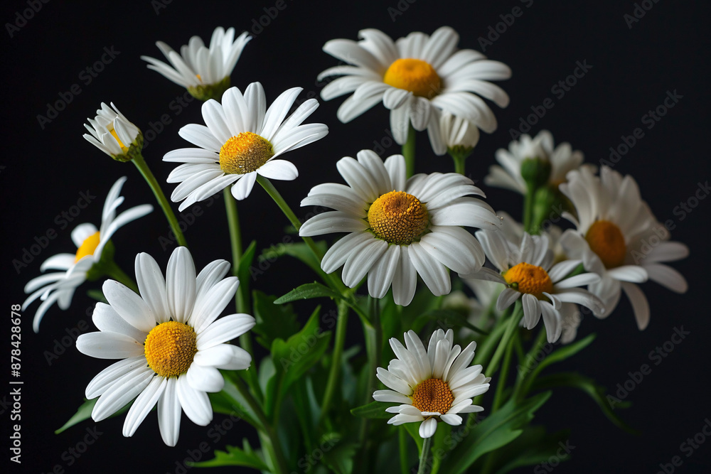 Obraz premium A bouquet of fresh white daisies with yellow centers and green leaves against a black background symbolizing natural beauty