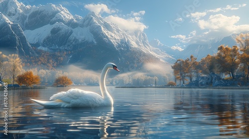 Fototapeta Naklejka Na Ścianę i Meble -  White beautiful swan on a lake in the famous mountain village.