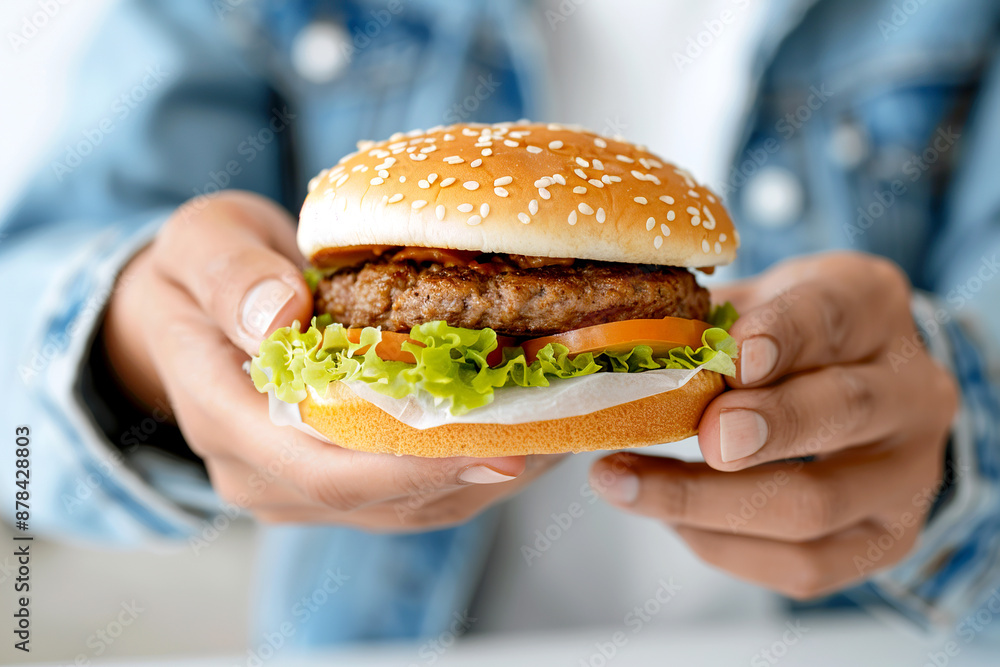 A woman in overalls holding a burger and fries. A woman in overalls holding a burger and fries.