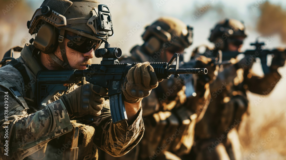 A group of military soldiers in combat gear aiming rifles during an operation A group of military soldiers in combat gear aiming rifles during an operation