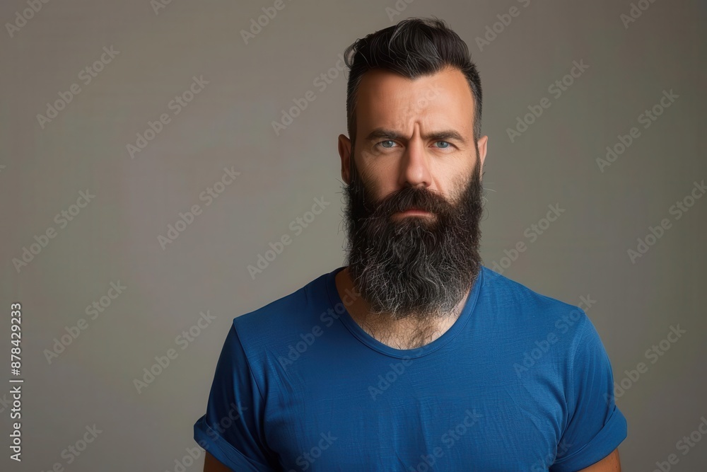 serious bearded man in blue tshirt studio portrait with copy space serious bearded man in blue tshirt studio portrait with copy space