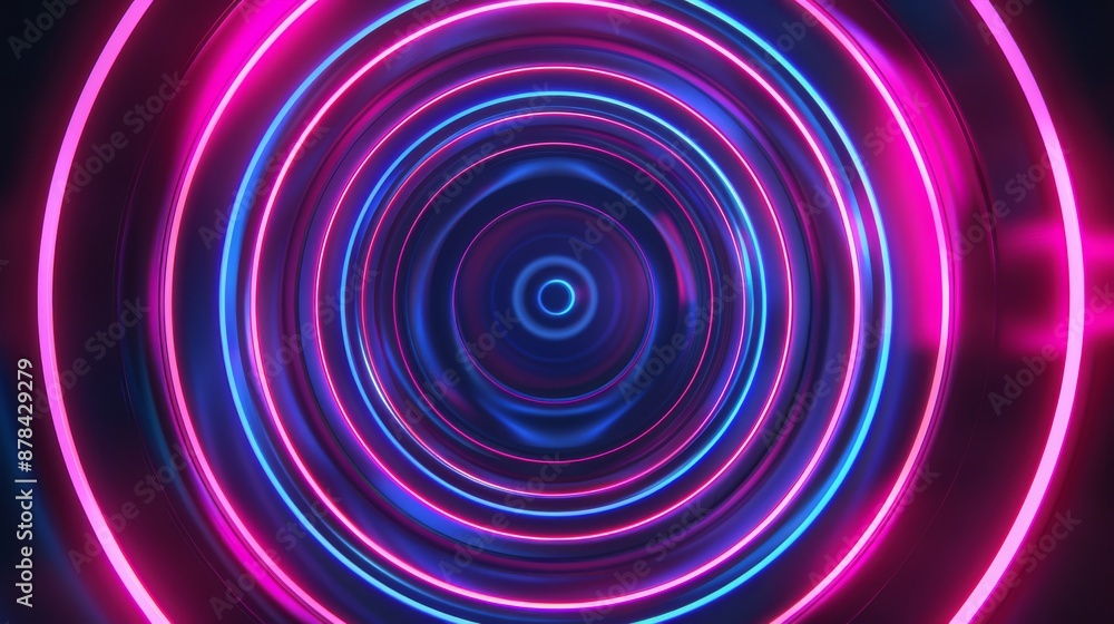 Glowing neon light forming a futuristic tunnel effect on a dark background. Perfect for technology, music or video game themes Glowing neon light forming a futuristic tunnel effect on a dark background. Perfect for technology, music or video game themes