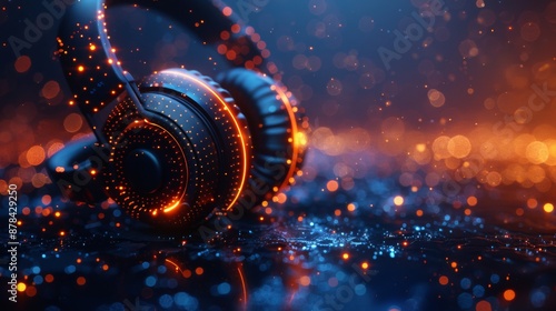 A digital world with a headphone, with an abstract tech background.