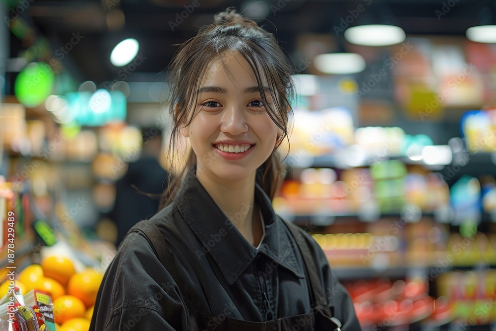A retail worker is smiling in a store A retail worker is smiling in a store