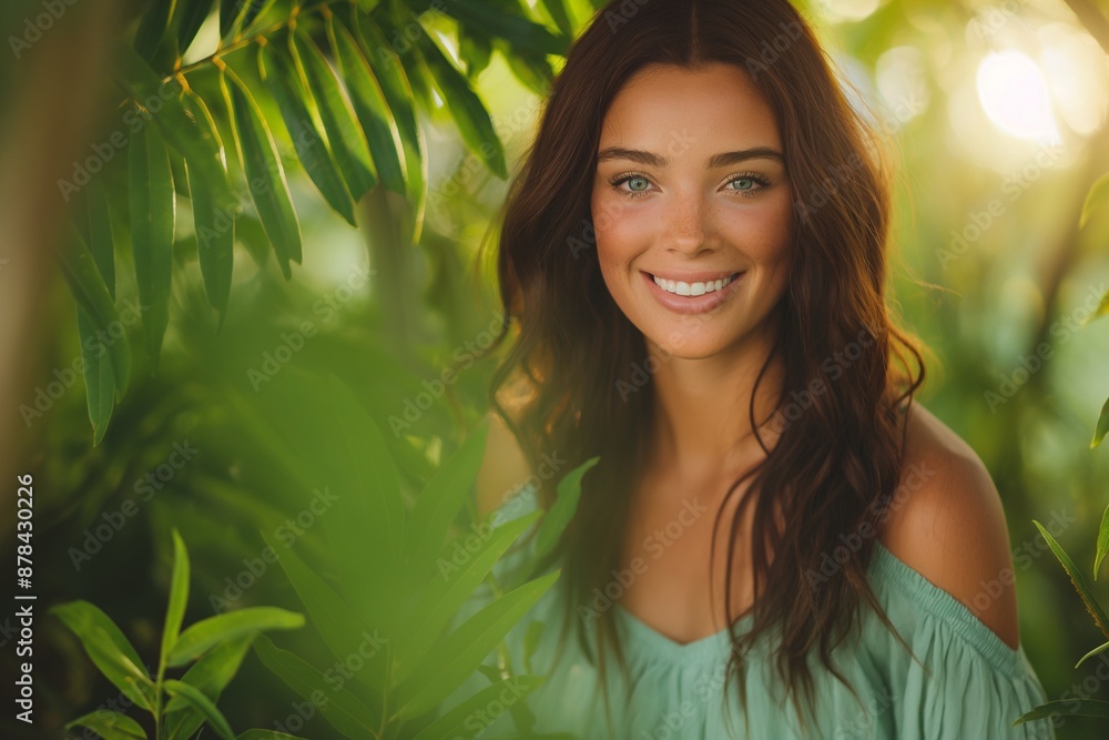 Radiant Woman Smiling Amongst Lush Greenery in Sunlit Garden Radiant Woman Smiling Amongst Lush Greenery in Sunlit Garden
