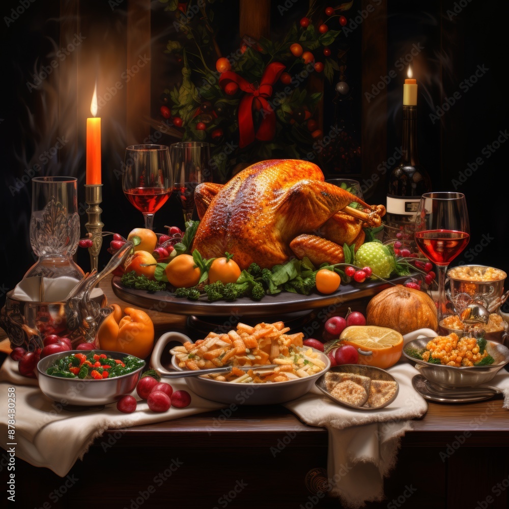 Rustic table decorated with fruits and vegetables. There is a roasted turkey in the middle. Beautiful winter scenery outside the window. Concept of Thanksgiving or Christmas dinner. Rustic table decorated with fruits and vegetables. There is a roasted turkey in the middle. Beautiful winter scenery outside the window. Concept of Thanksgiving or Christmas dinner.
