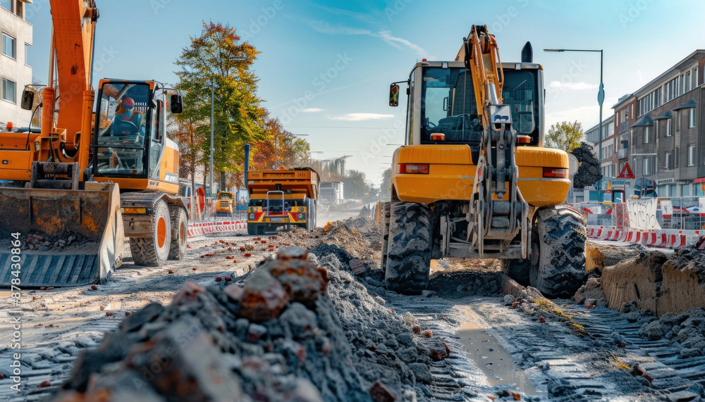 A group of construction vehicles are busy working on a road that is under construction A group of construction vehicles are busy working on a road that is under construction