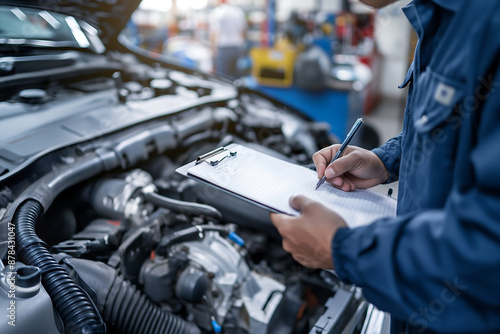 Car service shop Mechanic checks engine, writes job checklist on clipboard, and inspects maintenance