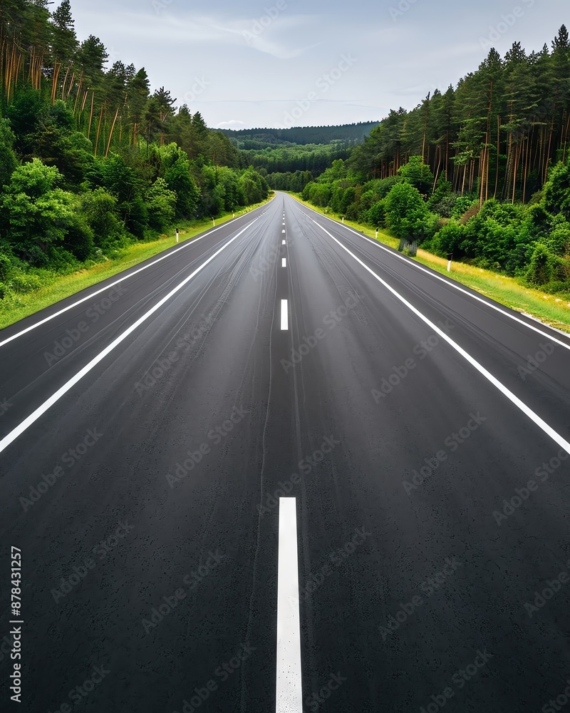Empty asphalt road leading through a lush green forest. Empty asphalt road leading through a lush green forest.
