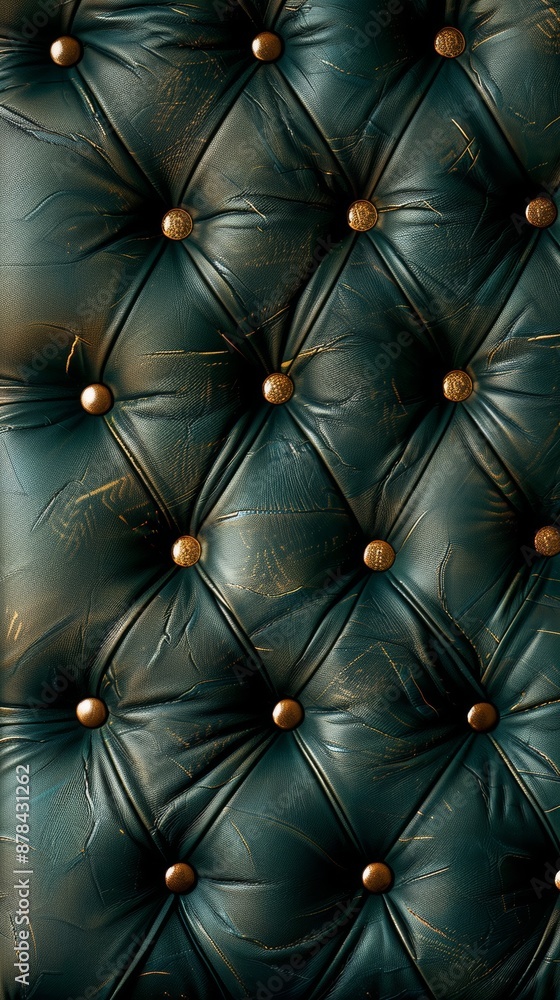 Close-up of a luxurious deep green leather upholstery with copper buttons forming a diamond pattern, creating a sense of elegance and sophistication Close-up of a luxurious deep green leather upholstery with copper buttons forming a diamond pattern, creating a sense of elegance and sophistication
