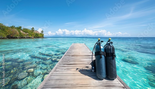 Two scuba diving tanks on a wooden dock leading to a tropical ocean.