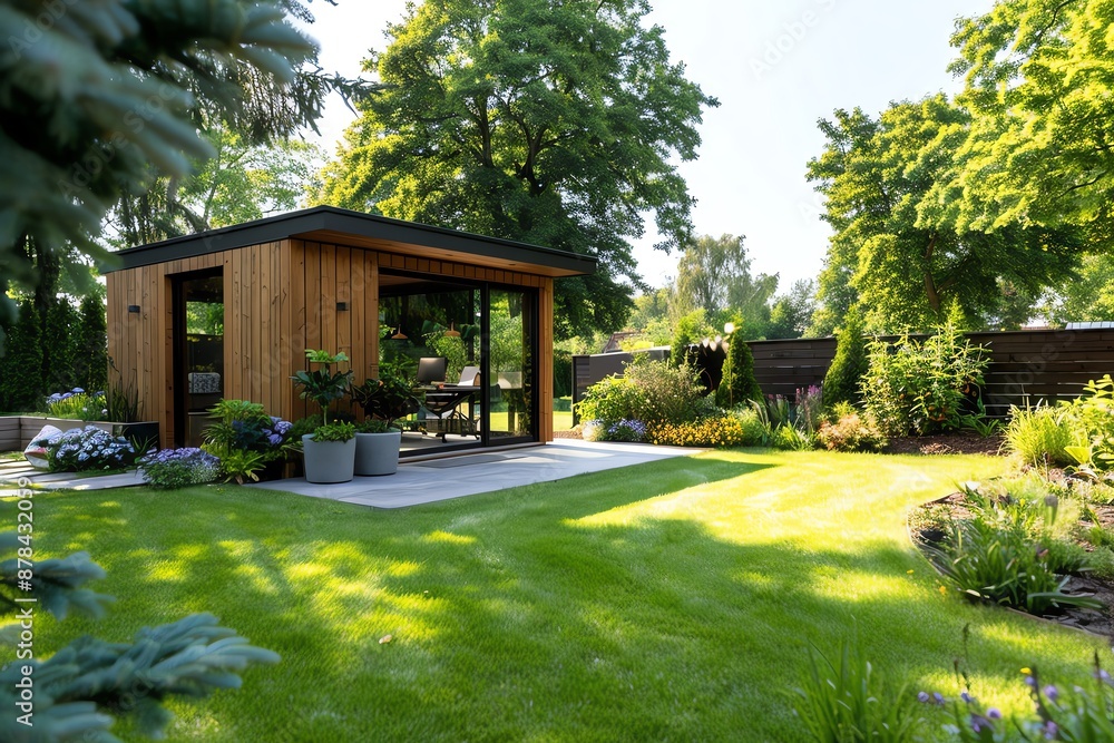 Modern wooden garden shed with patio in a lush green backyard. Modern wooden garden shed with patio in a lush green backyard.