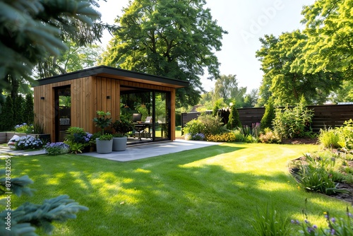Modern wooden garden shed with patio in a lush green backyard.