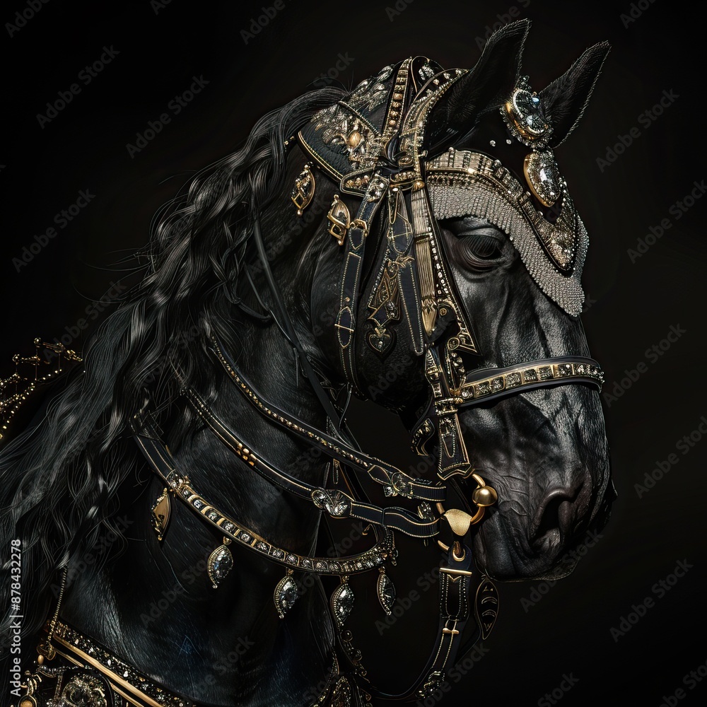 Majestic Black Horse Adorned with Luxurious Gold and Jewel-Encrusted Harness in Studio Lighting Majestic Black Horse Adorned with Luxurious Gold and Jewel-Encrusted Harness in Studio Lighting