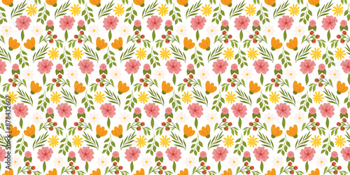 Continuous pattern showcasing floral elements. Botanical-inspired repetitive fabric or wallpaper design with yellow and orange flowers, red berries, leaves, and cherry blossom.