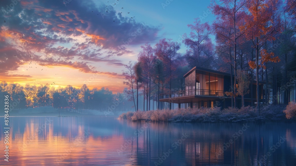 Modern Cabin by the Lake at Sunset. Modern Cabin by the Lake at Sunset.