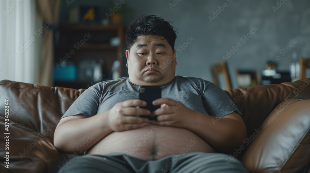 Asian fat man on the couch with a smartphone Asian fat man on the couch with a smartphone