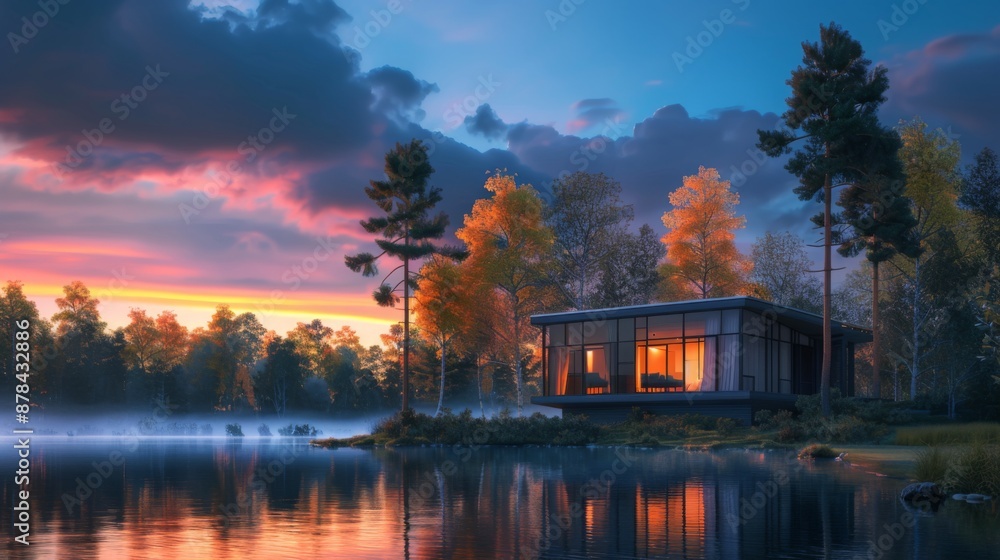 Obraz premium Modern cabin on a lake at sunset.