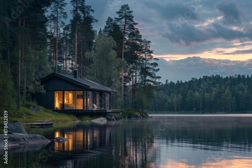 Modern cabin on a lake at dusk.