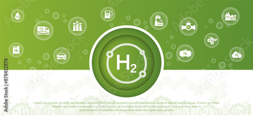 Hydrogen energy concept, Environment, eco friendly industry and alternative energy. Reducing greenhouse gas emissions. Green vector illustration.