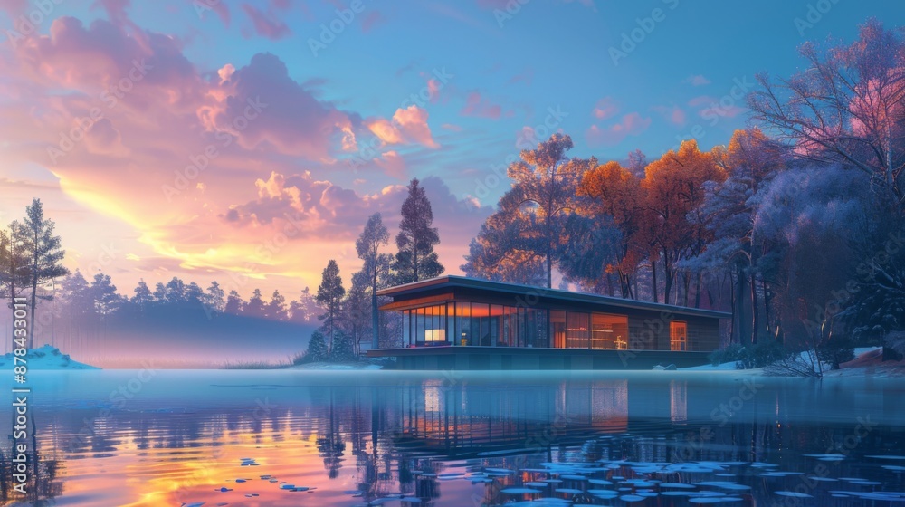 Modern Cabin on Frozen Lake at Sunset. Modern Cabin on Frozen Lake at Sunset.
