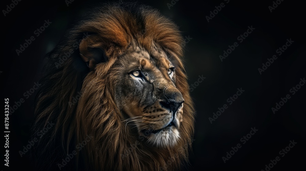 Powerful lion with a brown mane stares intensely against a dark background, embodying strength and pride in its natural habitat. The image captures the wild beauty of this majestic creature Powerful lion with a brown mane stares intensely against a dark background, embodying strength and pride in its natural habitat. The image captures the wild beauty of this majestic creature
